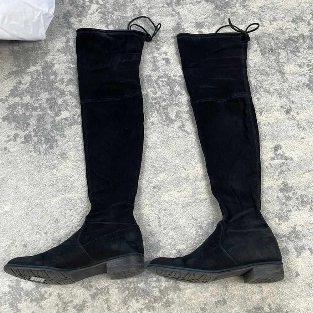 Stuart Weitzman Lowland Over The Knee Boots Black Suede Tie Back Sz 7